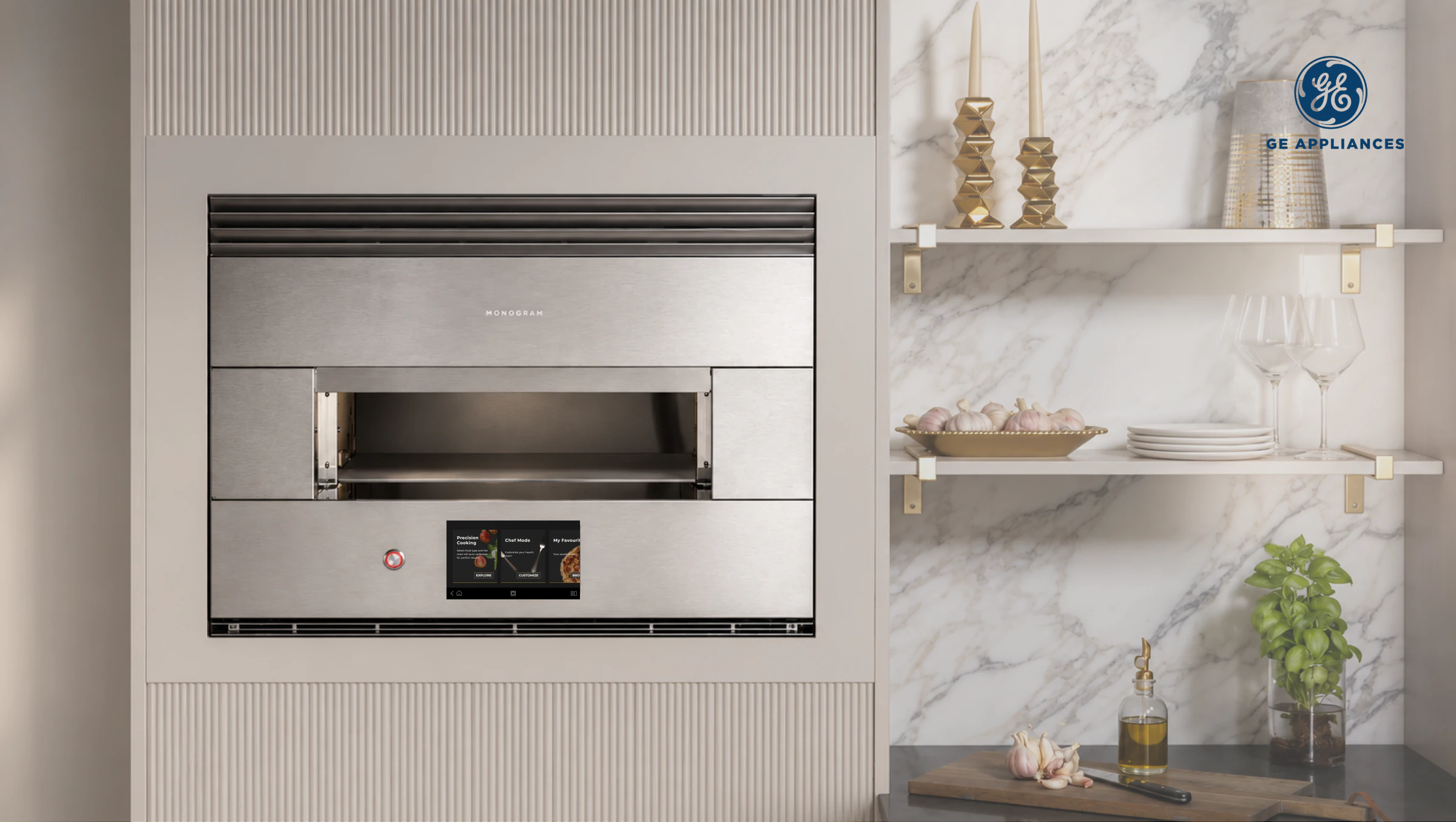 Monogram Hearth Oven installed in a bright marble kitchen