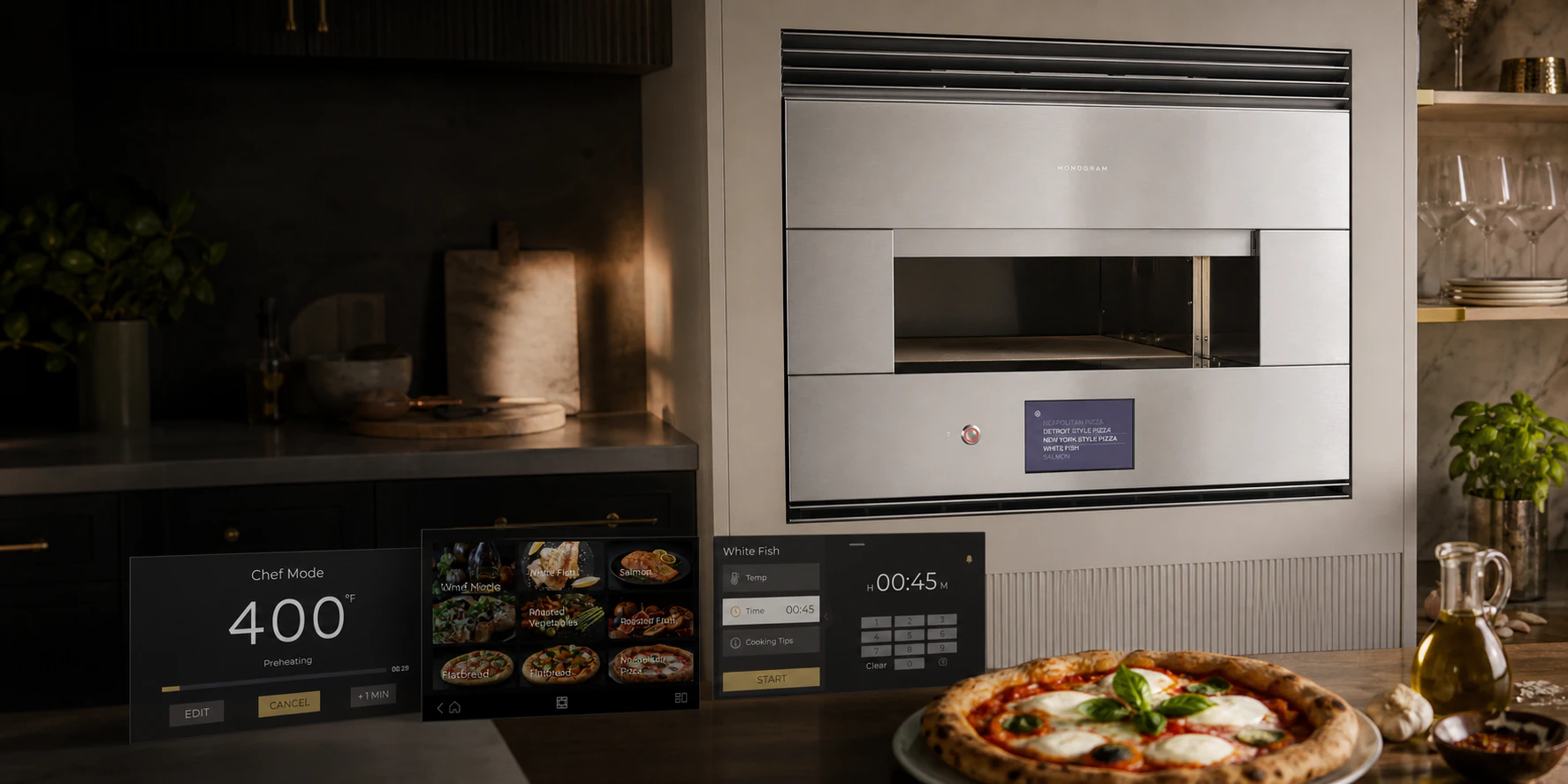 Monogram Hearth Oven in a warm kitchen with the redesigned Chef Mode and precision cooking HMI screens