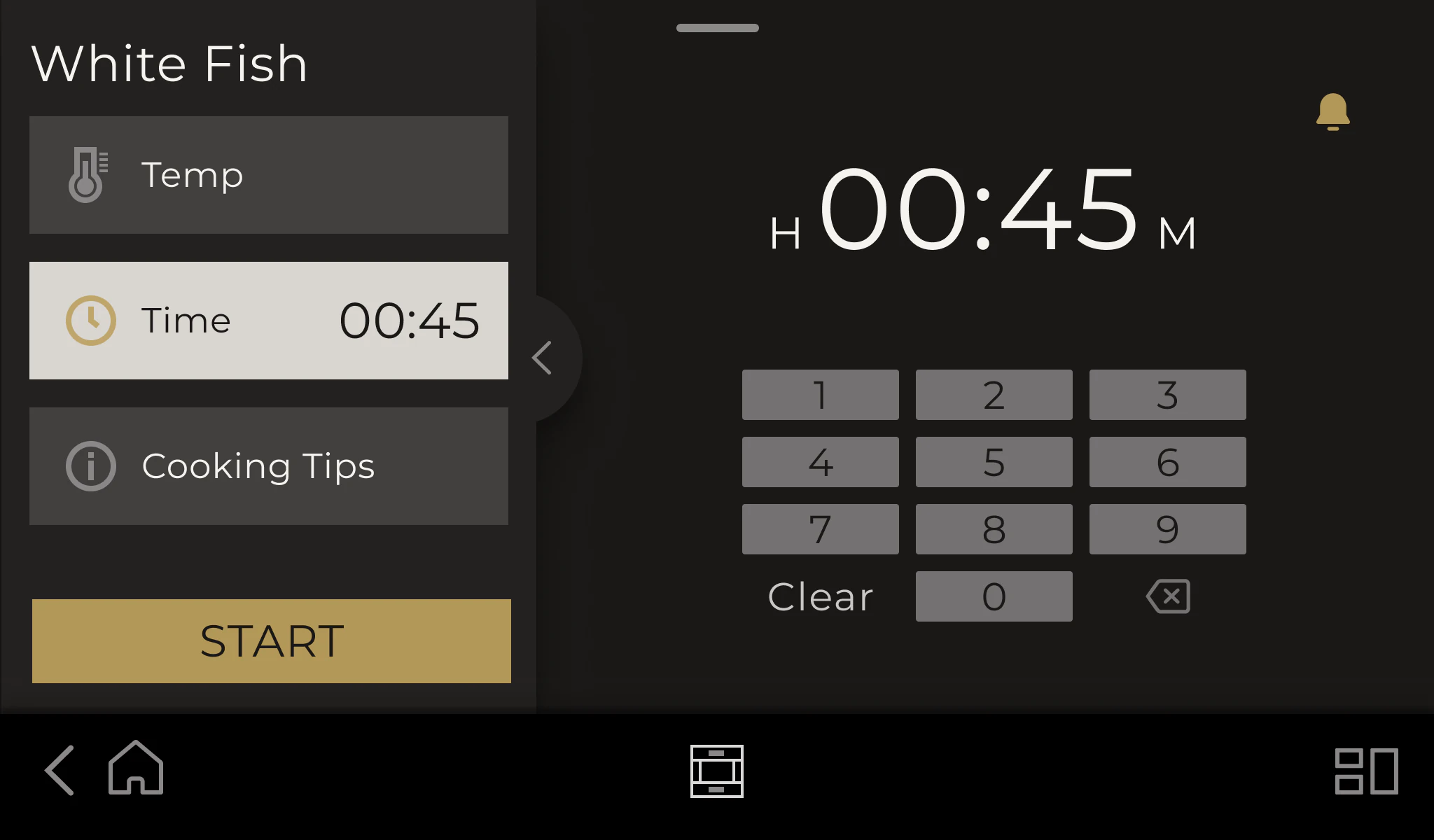 Precision Cooking time entry interface for white fish