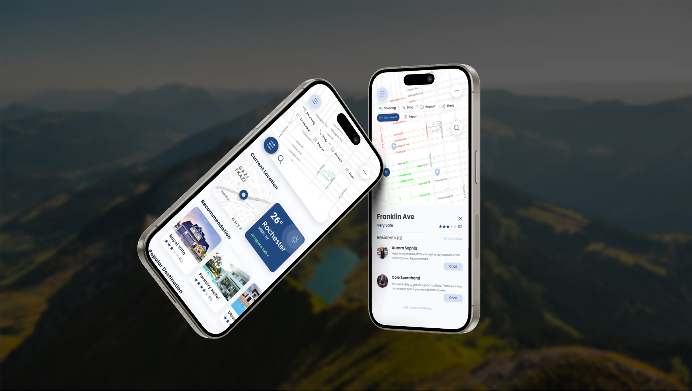 SafeTrip hotel booking and neighborhood safety interfaces shown on two phones