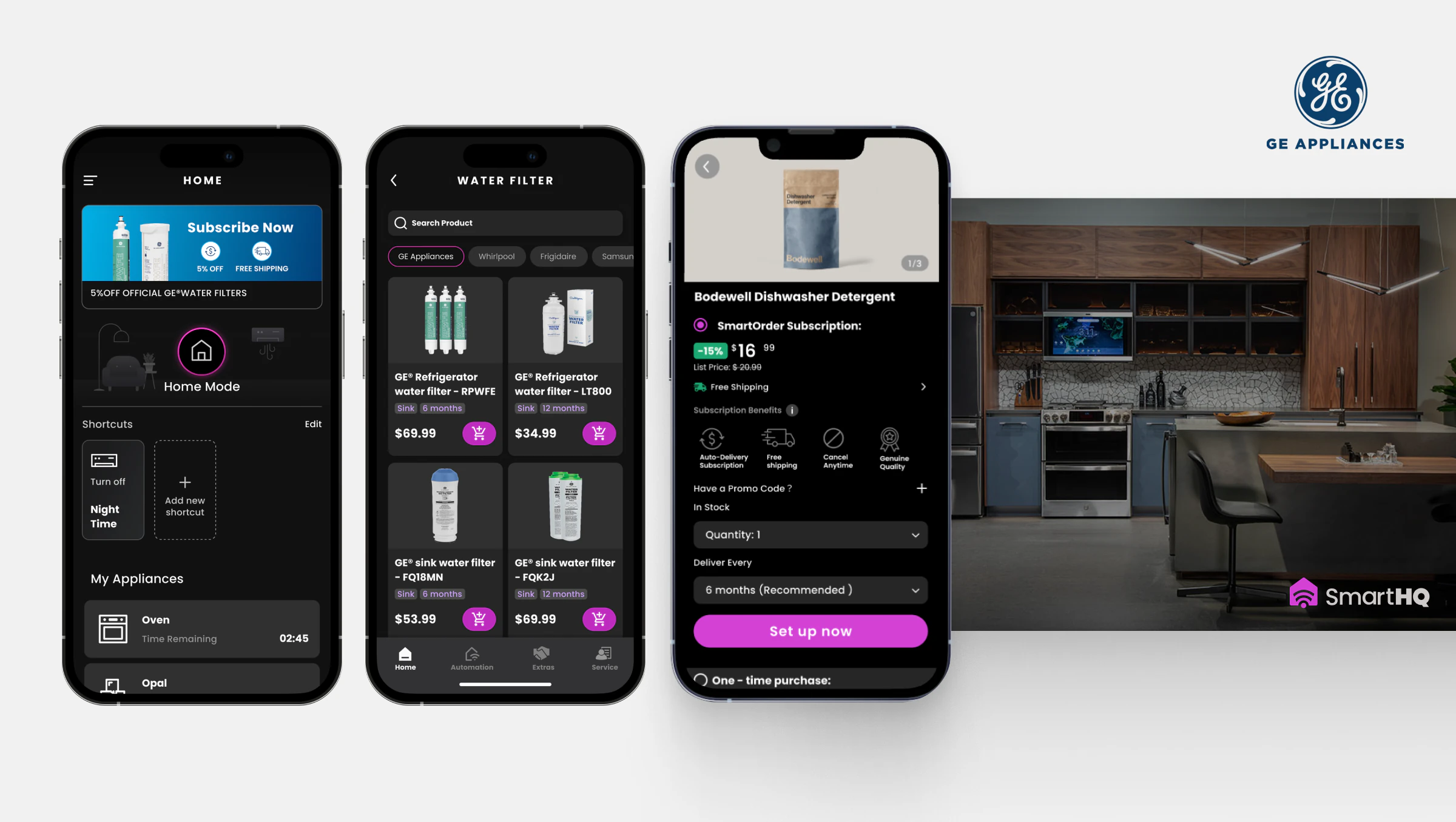 Three SmartHQ mobile interfaces shown beside a connected kitchen
