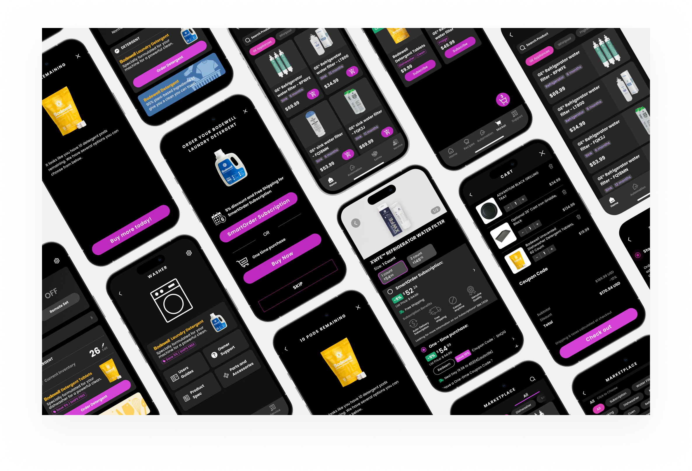 An overview collage of SmartHQ Marketplace screens across replenishment, product browsing, subscriptions, cart, and checkout.