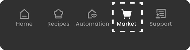 Proposed SmartHQ navigation adding a Market tab between Automation and Support