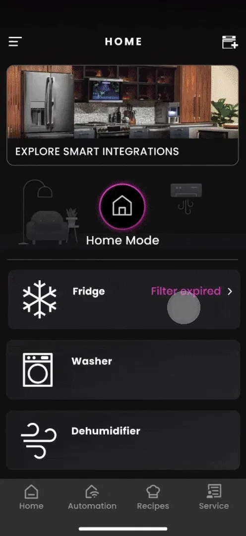 Animated SmartHQ home screen prototype showing an expired refrigerator filter entry point.