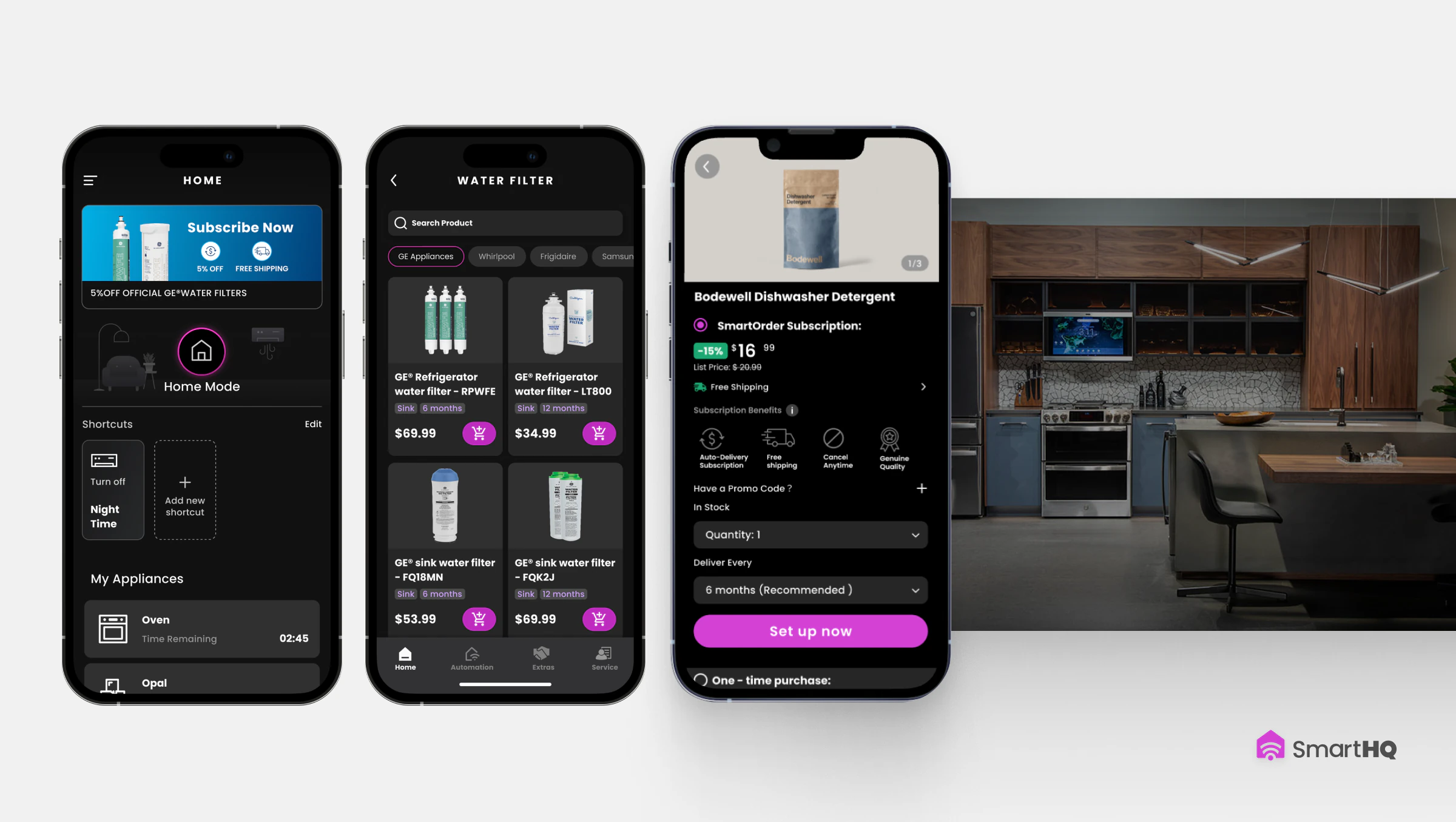 Three SmartHQ Marketplace interfaces shown in iPhone mockups beside a connected kitchen